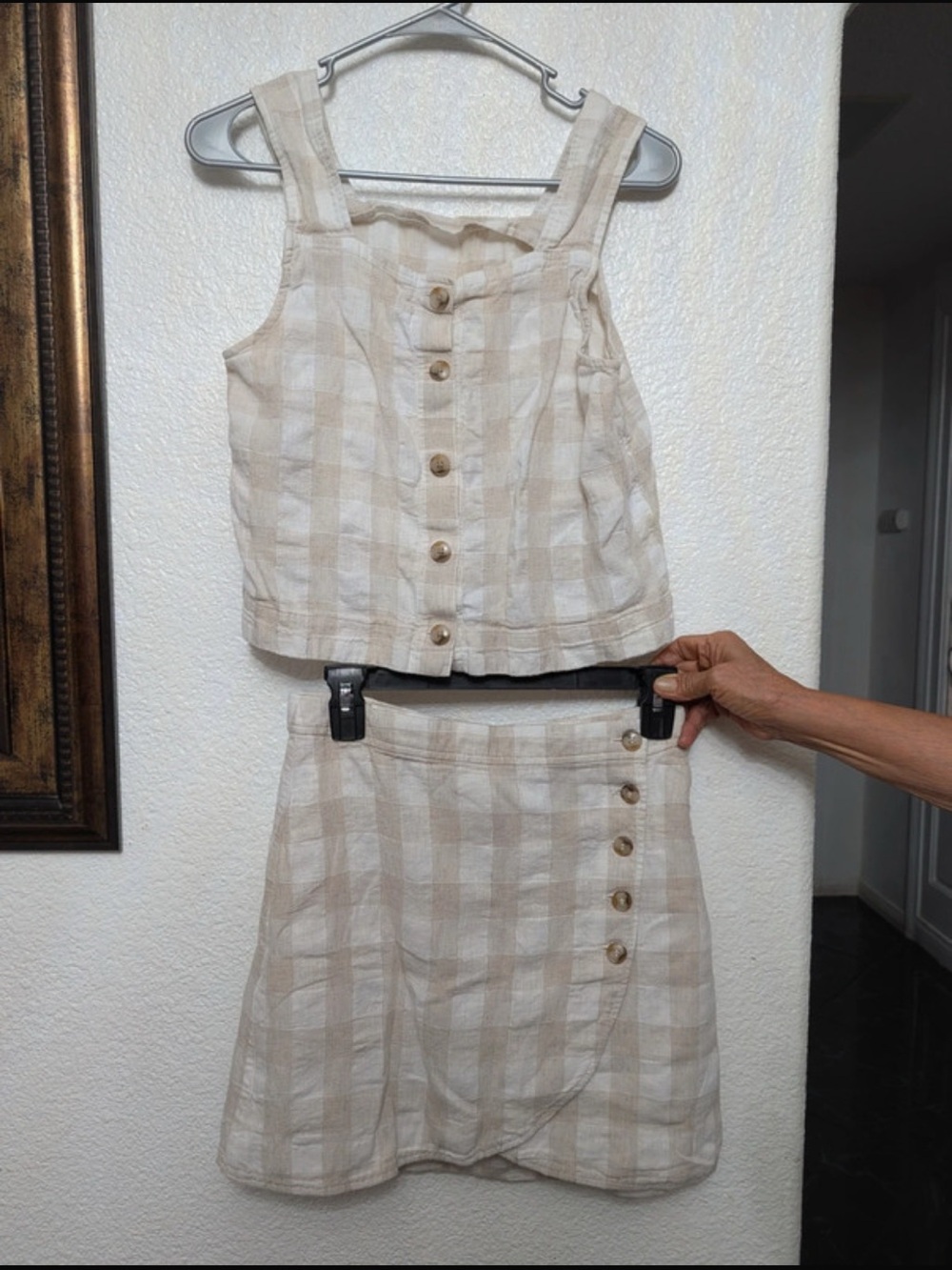 Madewell Beige Plaid Button-Front Crop Top & Matching Mini Skirt Set